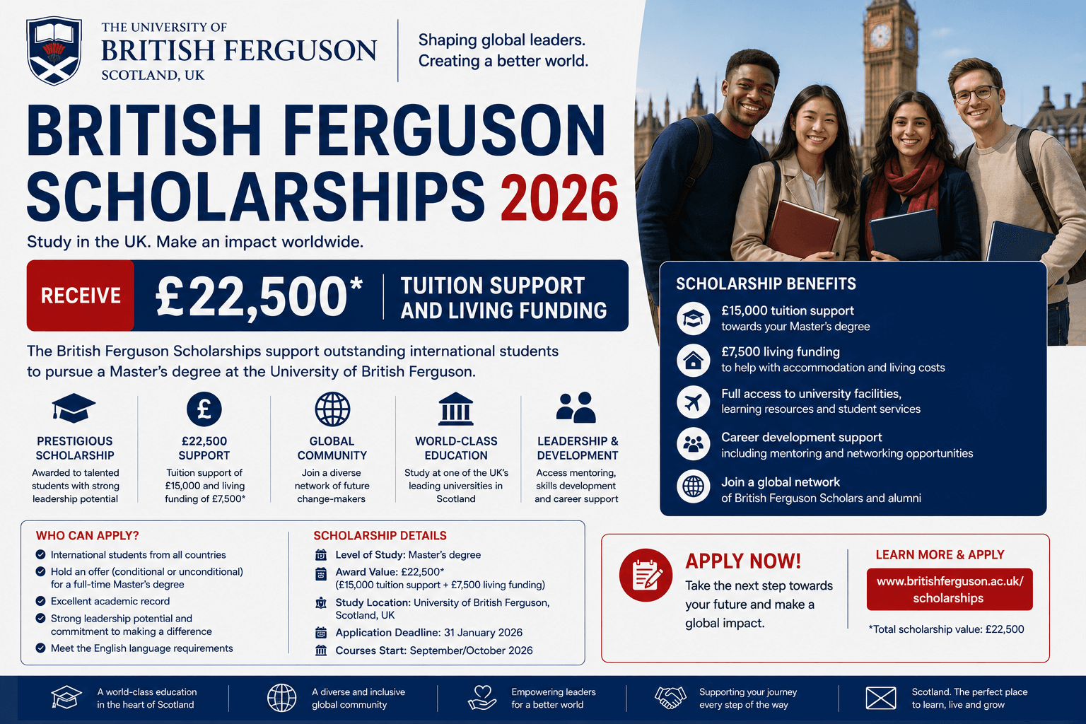 British Ferguson Scholarships 2026 — £22,500 Tuition Support + Living Funding