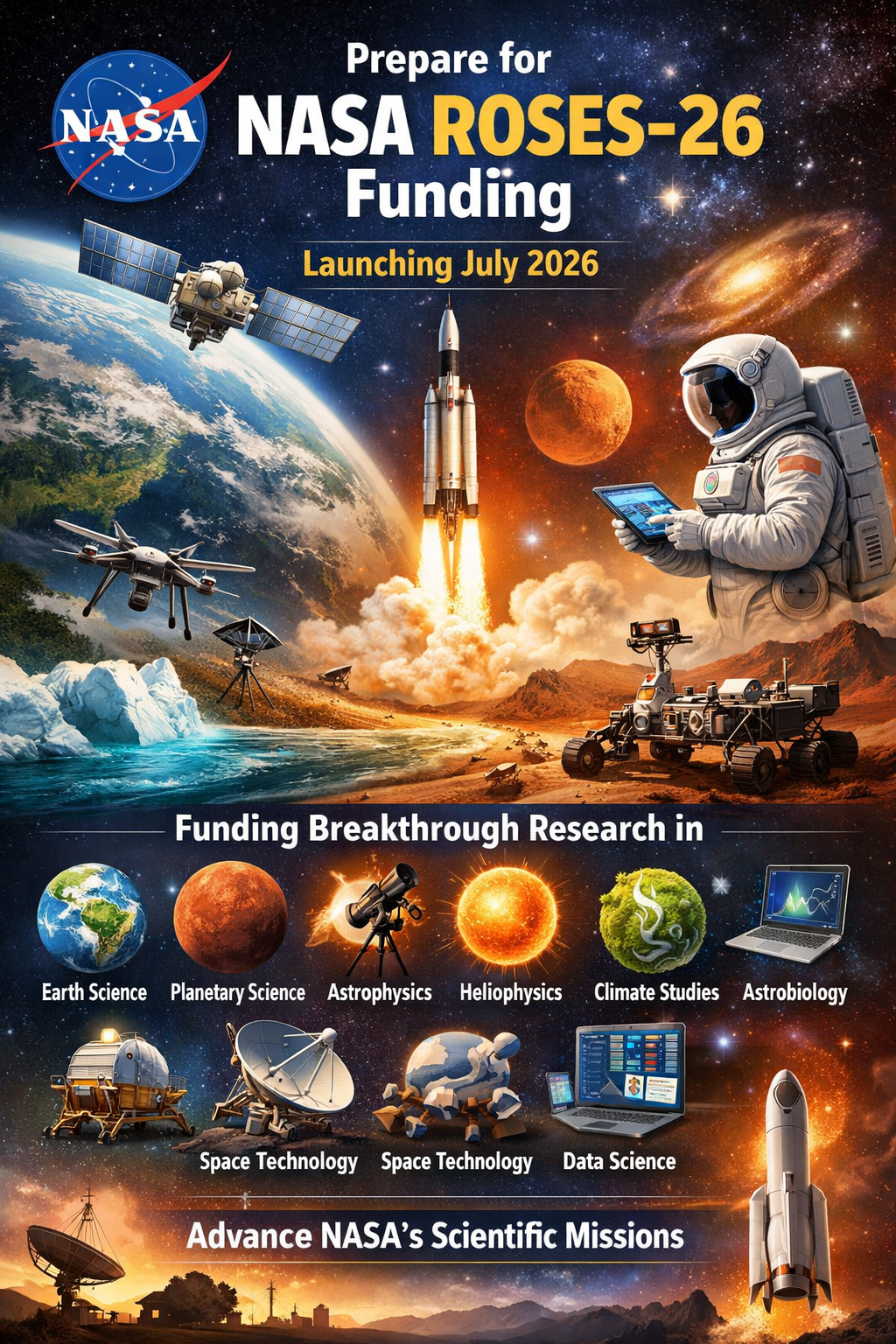 Researchers and institutions interested in securing NASA funding should prepare now as the agency has confirmed that the Research Opportunities in Space and Earth Science (ROSES-26) solicitation is expected to launch in July 2026. NASA's Science Mission Directorate (SMD) has announced that while ROSES-25 remains open through August 2026, preparations are underway for the release of ROSES-26, one of the world's largest and most prestigious competitive research funding programmes supporting space science and Earth science investigations. The annual ROSES programme provides grants for scientists, engineers, universities, research institutions, government agencies, and international collaborators working on cutting-edge research that advances NASA's scientific missions. What is NASA ROSES? The Research Opportunities in Space and Earth Science (ROSES) programme is NASA's flagship research funding solicitation. Every year it supports hundreds of research projects across multiple scientific disciplines. Funding is available for research related to: Earth Science Planetary Science Astrophysics Heliophysics Biological and Physical Sciences Space Technology Data Science and Computational Research Climate and Environmental Studies Solar System Exploration Space Mission Support Research The programme enables researchers to conduct innovative scientific investigations while contributing to NASA's future exploration goals. ROSES-26 Expected Release NASA expects ROSES-26 to be released in July 2026. Until then, researchers can continue applying to eligible opportunities under ROSES-25, which remains open until August 2026, depending on the specific programme element. Prospective applicants are encouraged to monitor NASA's updates because individual research opportunities have different deadlines and eligibility requirements. Who Can Apply? NASA welcomes proposals from a wide range of organizations, including: Universities Research institutes Government laboratories Non-profit organizations Commercial companies International institutions (subject to specific programme rules) Eligibility varies depending on the individual funding opportunity, so applicants should carefully review each solicitation before preparing proposals. Research Areas Supported NASA invests in research that expands scientific understanding of Earth, space, and the universe. Projects may include: Satellite observations Earth systems modelling Climate science Planetary exploration Space physics Astronomy Astrobiology Space instrumentation Artificial intelligence applications in space science Advanced scientific data analysis Why Researchers Should Consider NASA Funding NASA research grants are internationally recognised and provide investigators with opportunities to: Conduct world-class scientific research Collaborate with leading international researchers Access NASA scientific resources Support graduate students and research teams Advance innovative technologies Contribute to future space missions For many institutions, securing NASA funding significantly strengthens research capacity and international collaboration.
